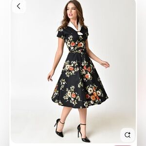 Unique Vintage Fit and Flare Midi Dress Black All Over Floral Retro 40's 50's XS